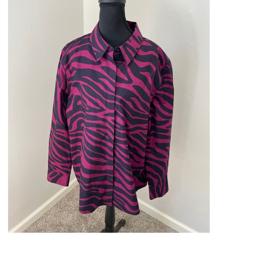 Investments Gold Label Brooke Zebra Print Shirt Purple Black Cotton Sz 16